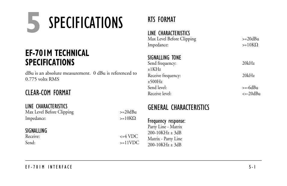 Specifications, Ef-701m technical specifications, Clear-com format | Line characteristics, Signalling, Rts format, Signalling tone, General characteristics, Frequency response | Clear-Com EF-701M User Manual | Page 51 / 62