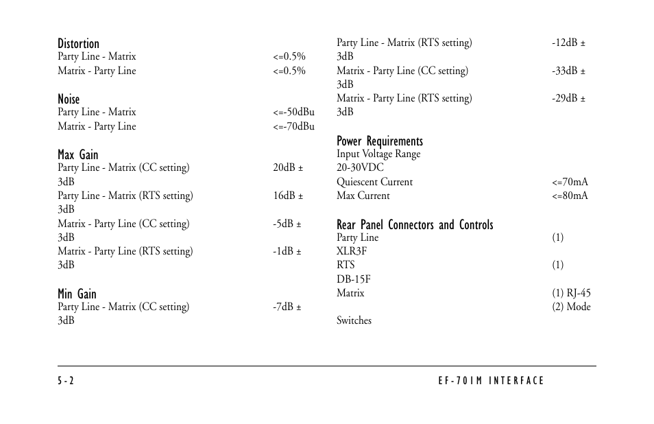 Distortion, Noise, Max gain | Min gain, Power requirements, Rear panel connectors and controls | Clear-Com EF-701M User Manual | Page 52 / 62