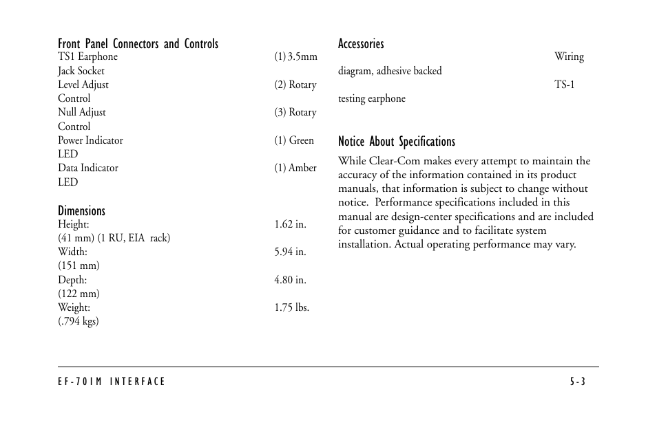 Front panel connectors and controls, Dimensions, Accessories | Notice about specifications | Clear-Com EF-701M User Manual | Page 53 / 62