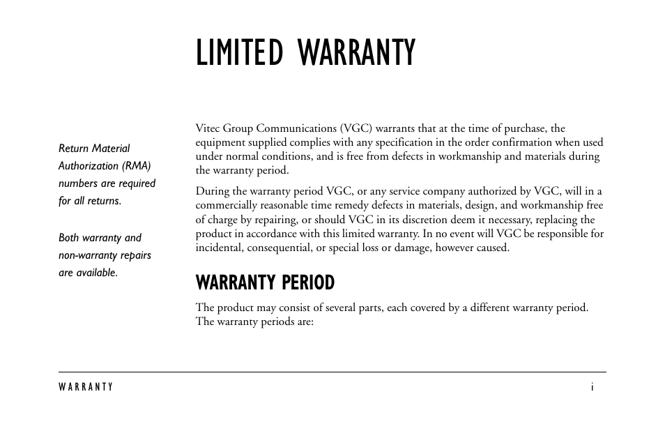 Limited warranty, Warranty period | Clear-Com EF-701M User Manual | Page 55 / 62