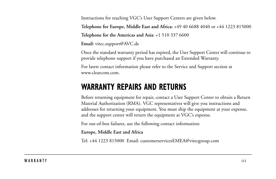 Warranty repairs and returns | Clear-Com EF-701M User Manual | Page 57 / 62