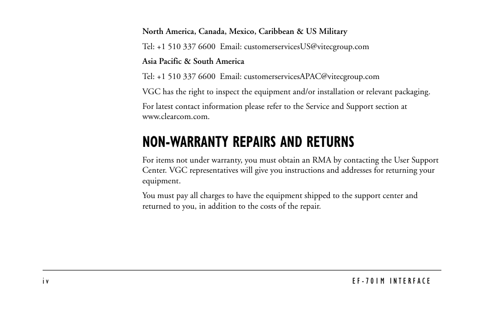 Non-warranty repairs and returns | Clear-Com EF-701M User Manual | Page 58 / 62