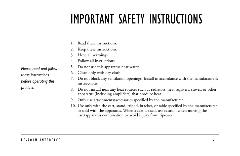 Read these instructions, Keep these instructions, Heed all warnings | Follow all instructions, Do not use this apparatus near water, Clean only with dry cloth, Important safety instructions | Clear-Com EF-701M User Manual | Page 7 / 62