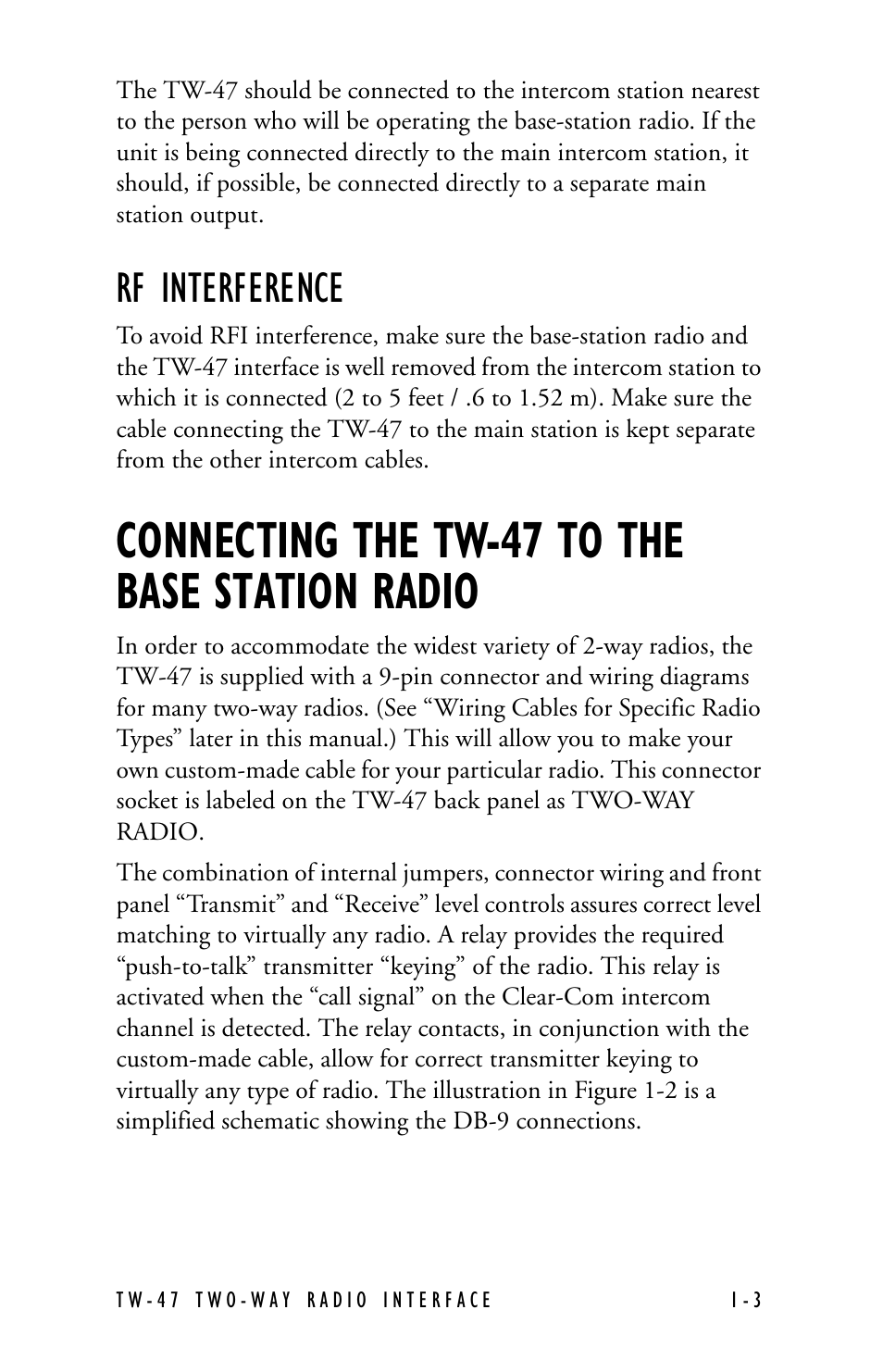 Rf interference, Connecting the tw-47 to the base station radio | Clear-Com TW-47 User Manual | Page 11 / 30