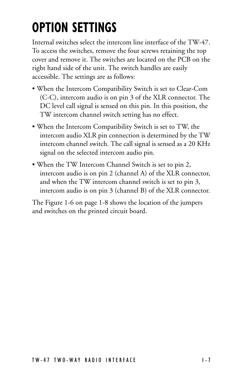 Option settings | Clear-Com TW-47 User Manual | Page 15 / 30