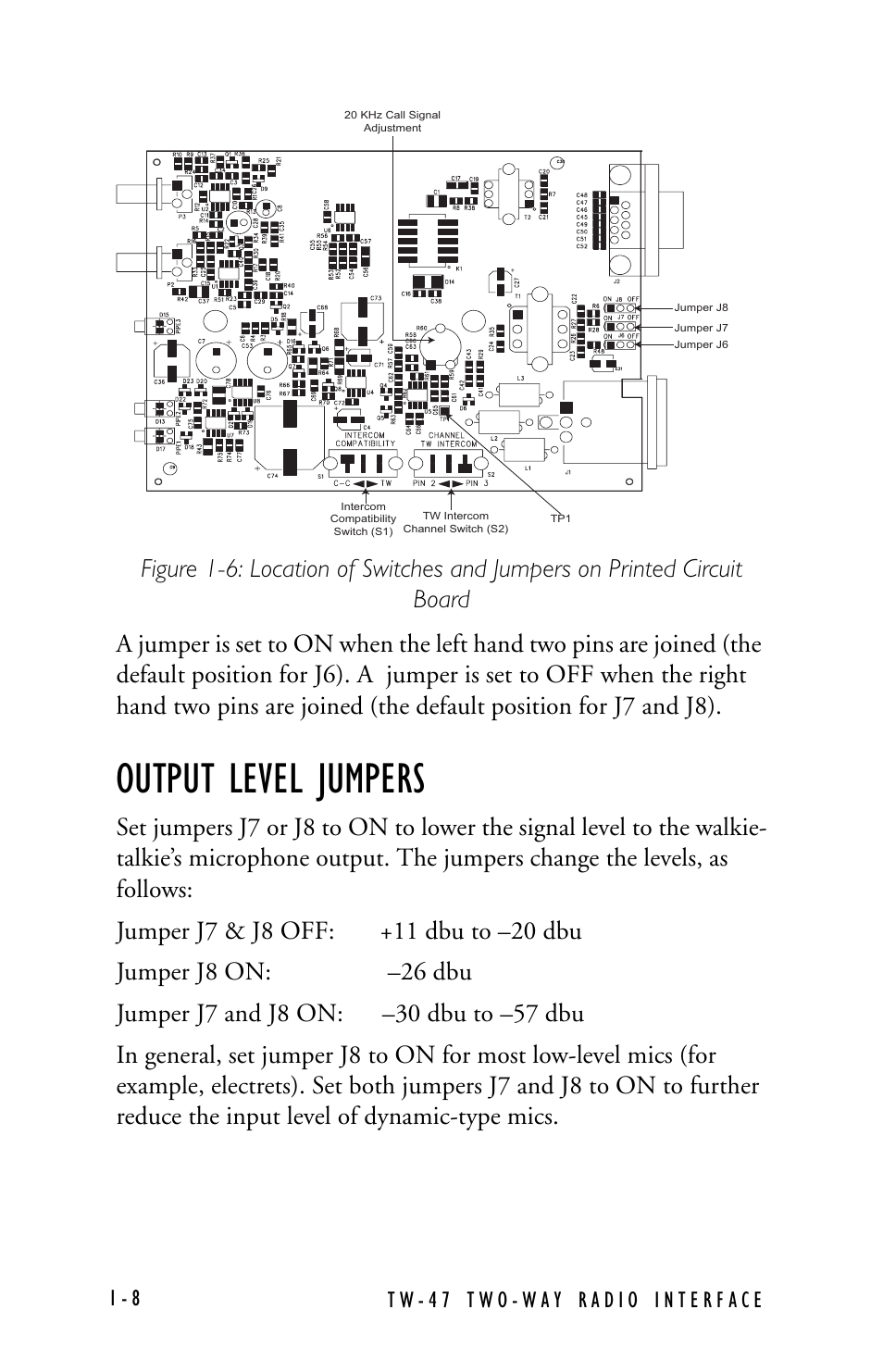 Output level jumpers | Clear-Com TW-47 User Manual | Page 16 / 30