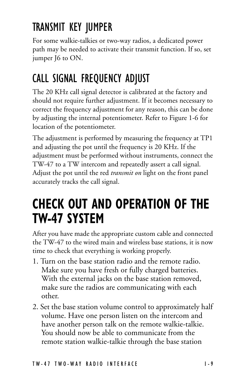 Transmit key jumper, Call signal frequency adjust, Check out and operation of the tw-47 system | Clear-Com TW-47 User Manual | Page 17 / 30