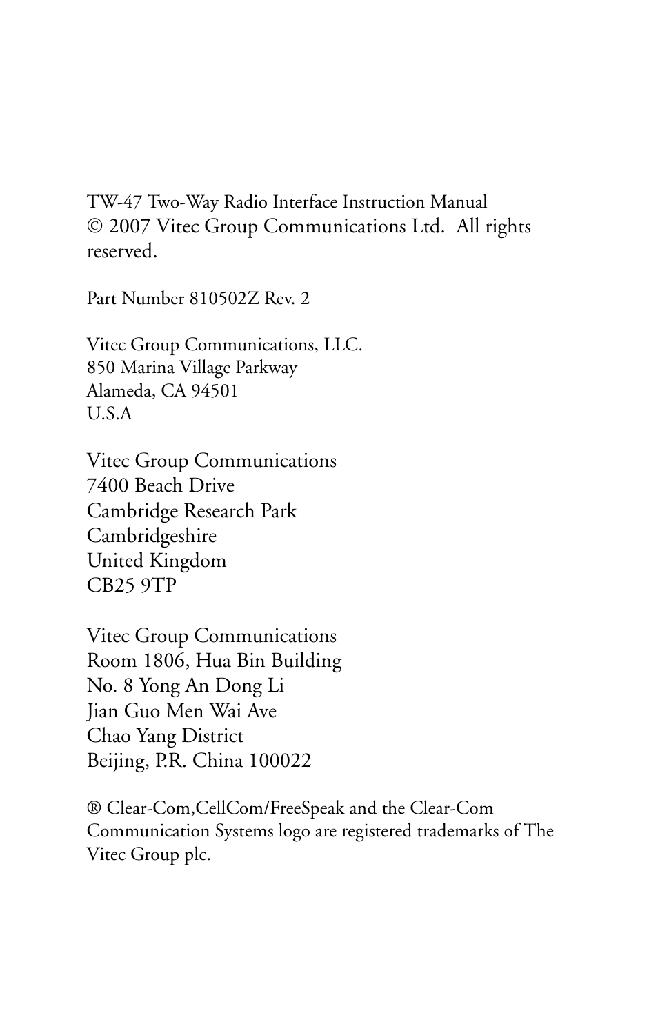 Clear-Com TW-47 User Manual | Page 2 / 30