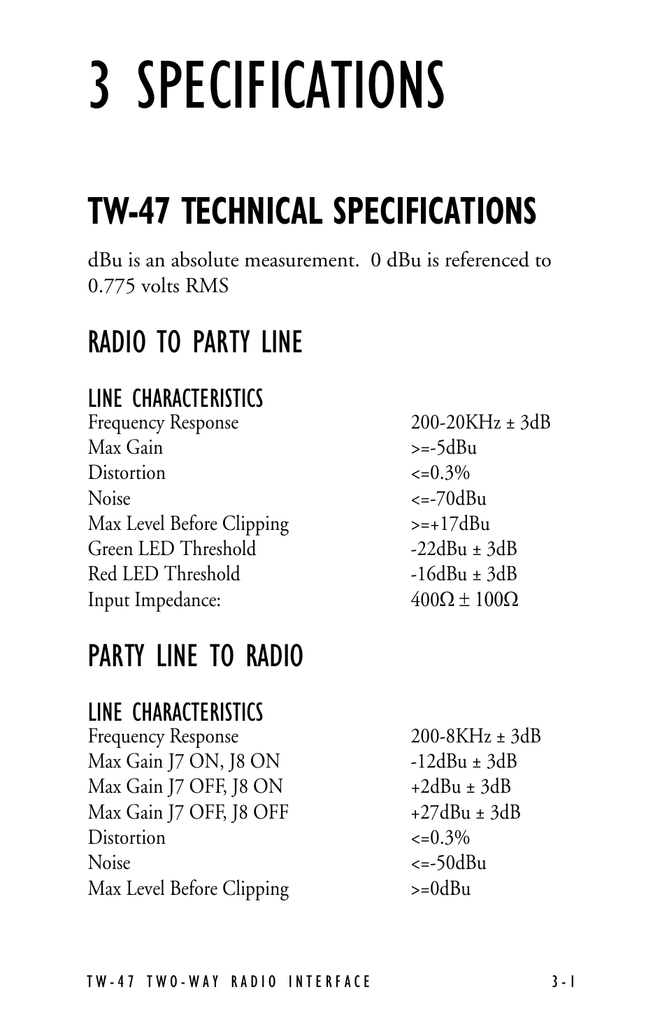 3 specifications, Tw-47 technical specifications, Radio to party line | Line characteristics, Party line to radio | Clear-Com TW-47 User Manual | Page 23 / 30