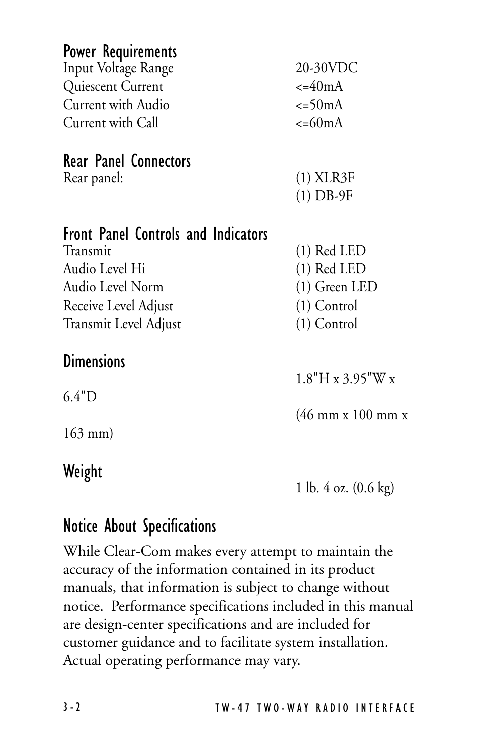 Power requirements, Rear panel connectors, Front panel controls and indicators | Dimensions, Weight, Notice about specifications | Clear-Com TW-47 User Manual | Page 24 / 30