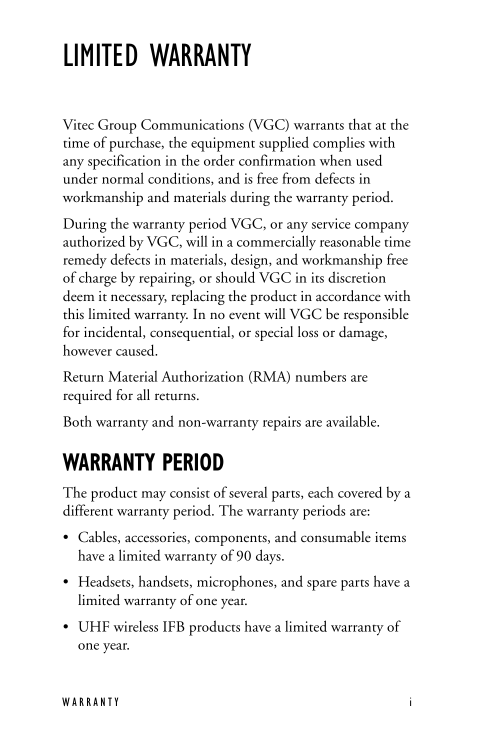 Limited warranty, Warranty period | Clear-Com TW-47 User Manual | Page 25 / 30