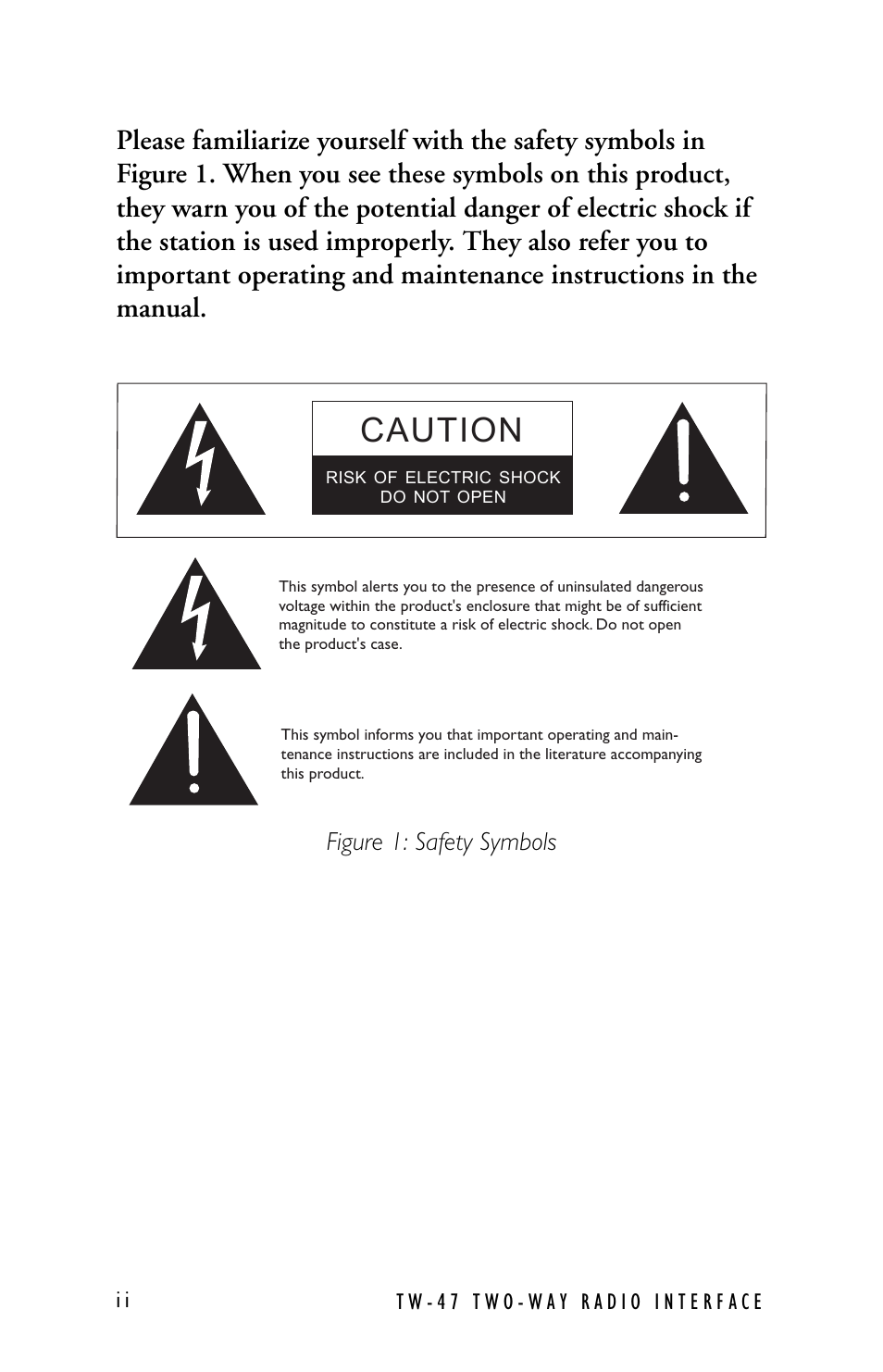 Figure 1: safety symbols, Caution | Clear-Com TW-47 User Manual | Page 6 / 30