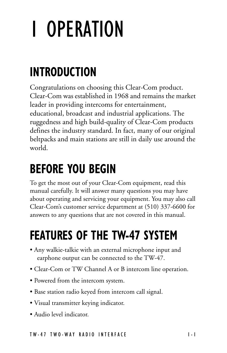 1 operation, Introduction, Before you begin | Features of the tw-47 system | Clear-Com TW-47 User Manual | Page 9 / 30