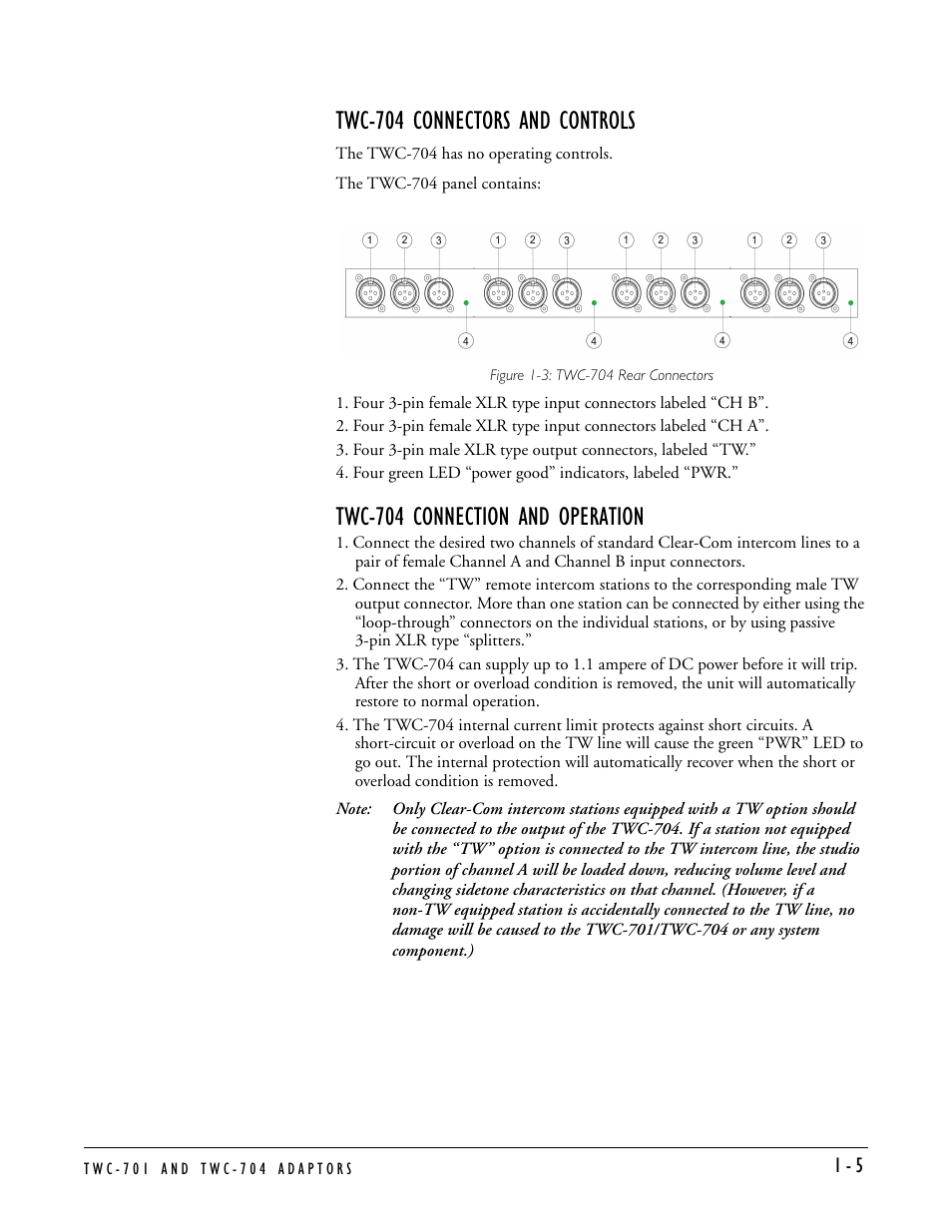 Twc-704 connectors and controls, Twc-704 connection and operation | Clear-Com TWC-704 User Manual | Page 11 / 18