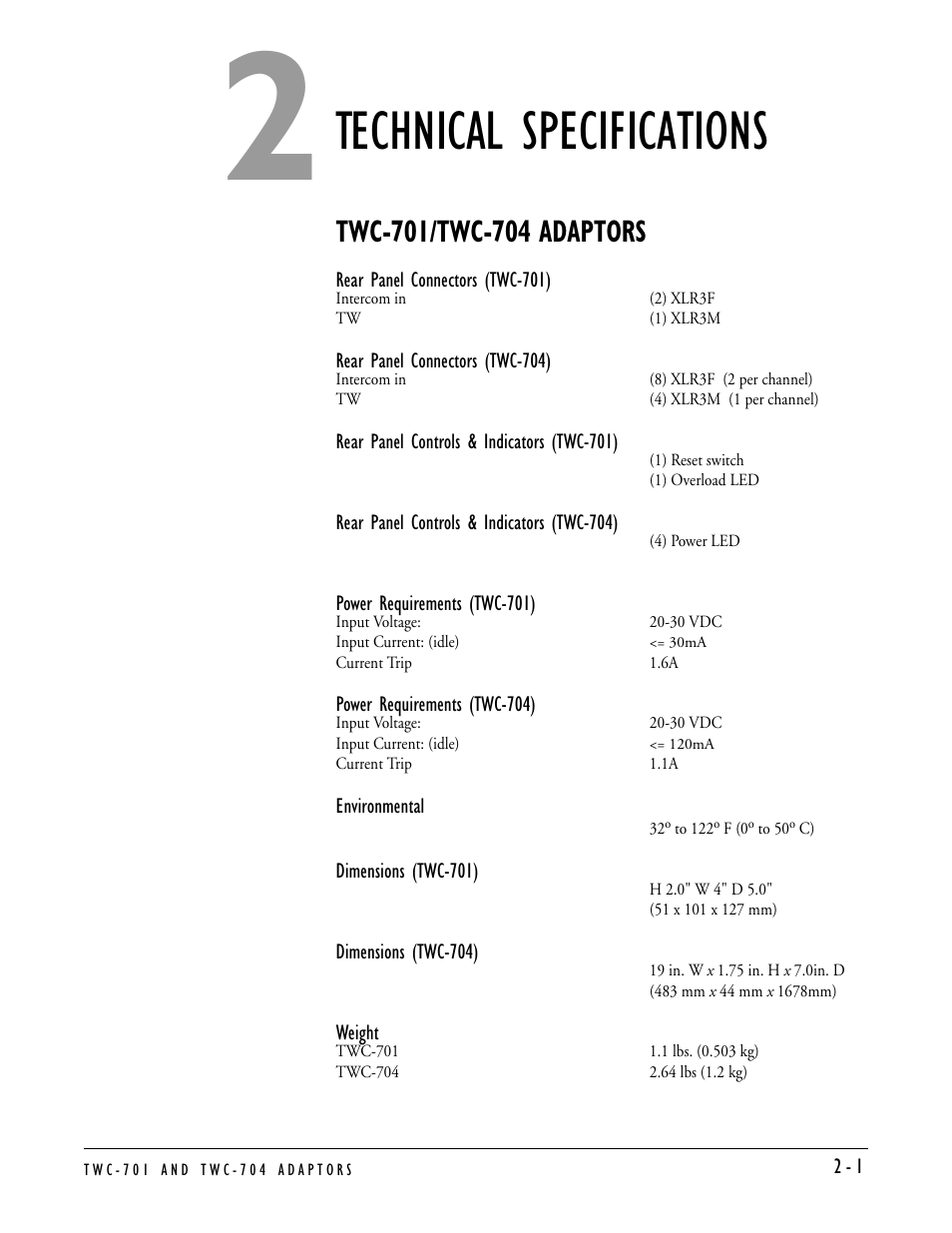 Technical specifications, Twc-701/twc-704 adaptors, Technical specifications -1 | Twc-701/twc-704 adaptors -1 | Clear-Com TWC-704 User Manual | Page 13 / 18