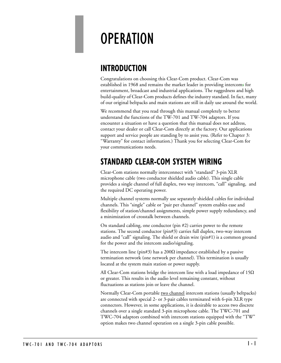Operation, Introduction, Standard clear-com system wiring | Operation -1 | Clear-Com TWC-704 User Manual | Page 7 / 18