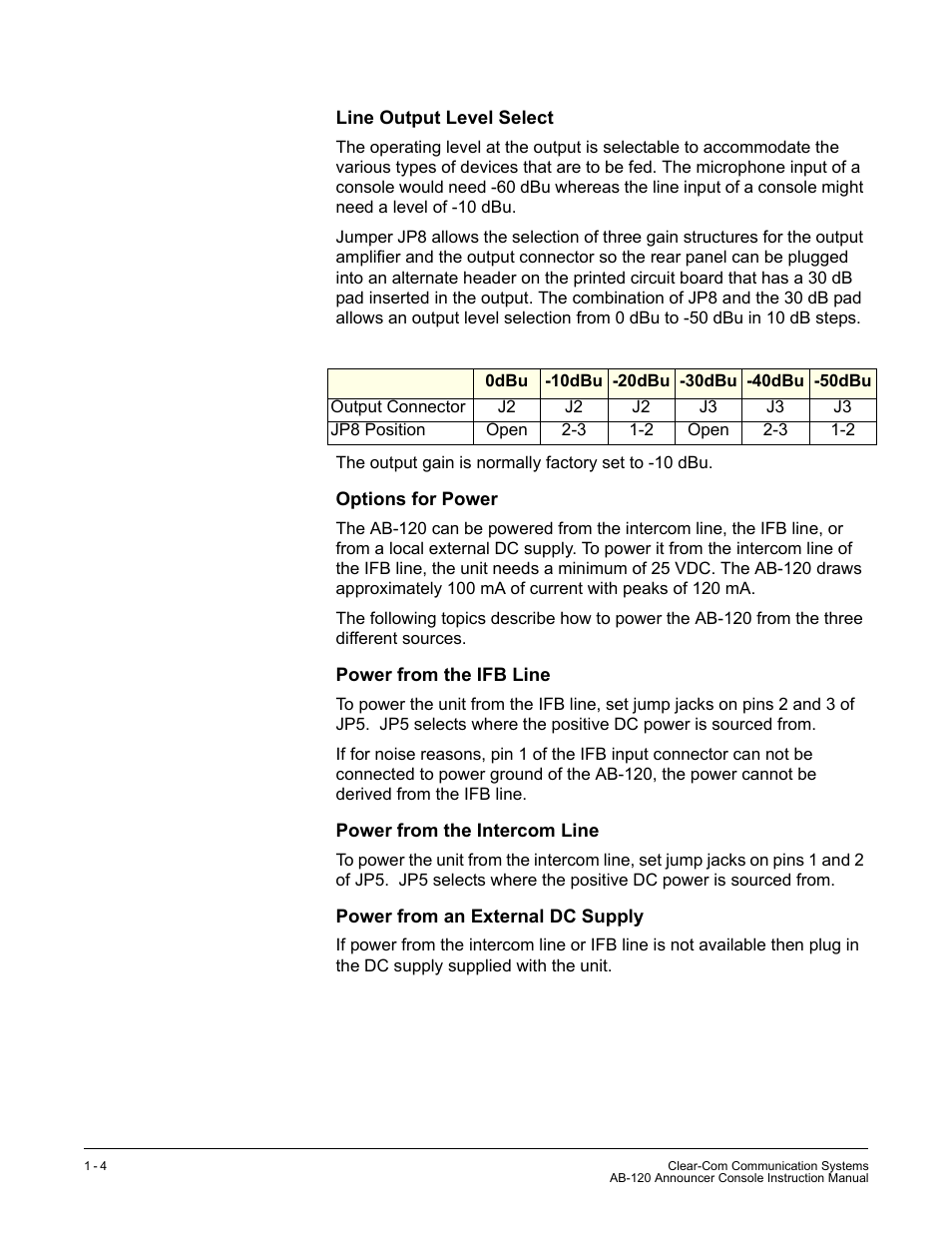 Line output level select, Options for power, Power from the ifb line | Power from the intercom line, Power from an external dc supply | Clear-Com AB-120 User Manual | Page 10 / 35