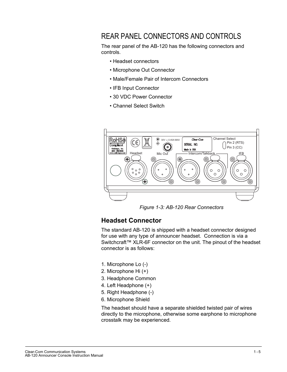 Rear panel connectors and controls, Headset connector, Rear panel connectors and controls -5 | Headset connector -5 | Clear-Com AB-120 User Manual | Page 11 / 35