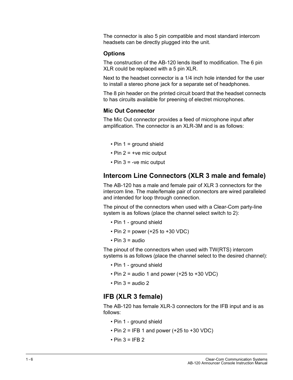 Options, Mic out connector, Intercom line connectors (xlr 3 male and female) | Ifb (xlr 3 female), Options -6 mic out connector -6 | Clear-Com AB-120 User Manual | Page 12 / 35