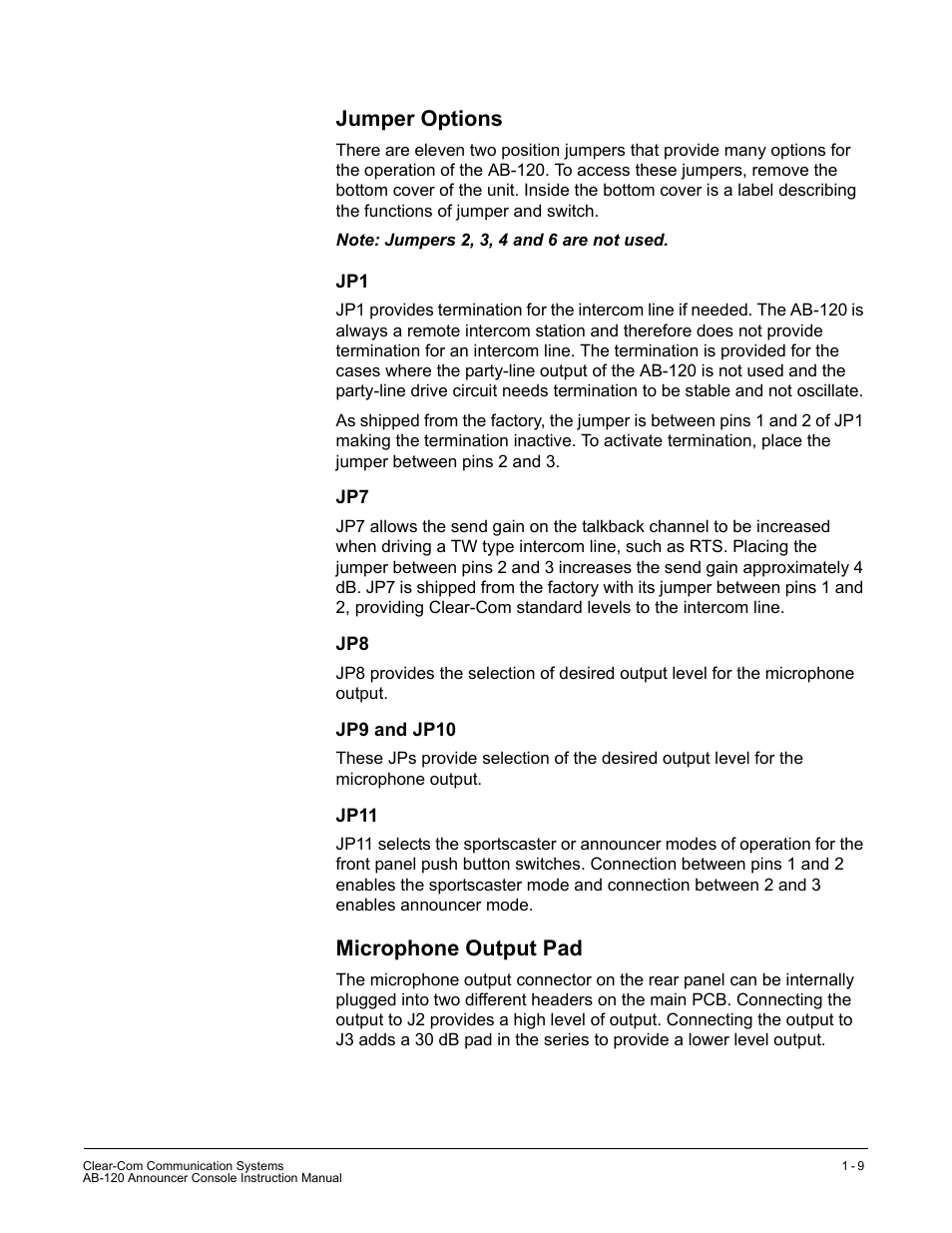 Jumper options, Jp9 and jp10, Jp11 | Microphone output pad, Jumper options -9, Jp1 -9 jp7 -9 jp8 -9 jp9 and jp10 -9 jp11 -9, Microphone output pad -9 | Clear-Com AB-120 User Manual | Page 15 / 35