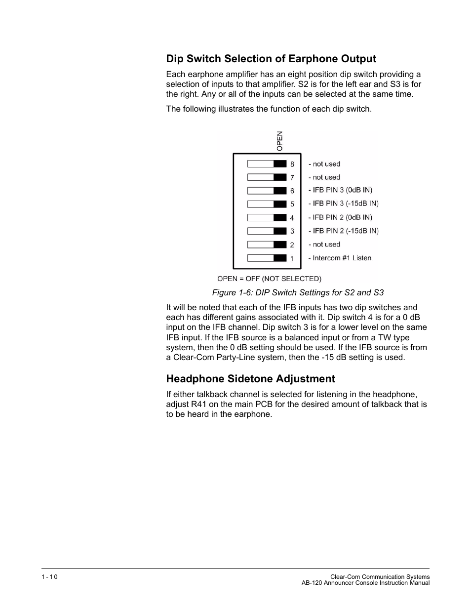 Dip switch selection of earphone output, Headphone sidetone adjustment | Clear-Com AB-120 User Manual | Page 16 / 35