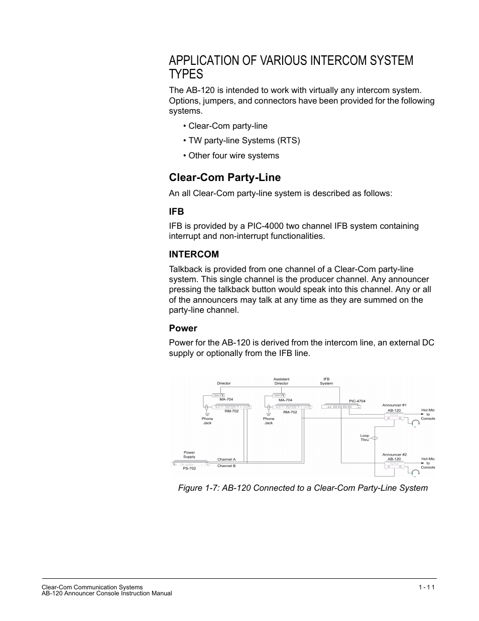 Application of various intercom system types, Clear-com party-line, Intercom | Power, Application of various intercom system types -11, Clear-com party-line -11, Ifb -11 intercom -11 power -11 | Clear-Com AB-120 User Manual | Page 17 / 35