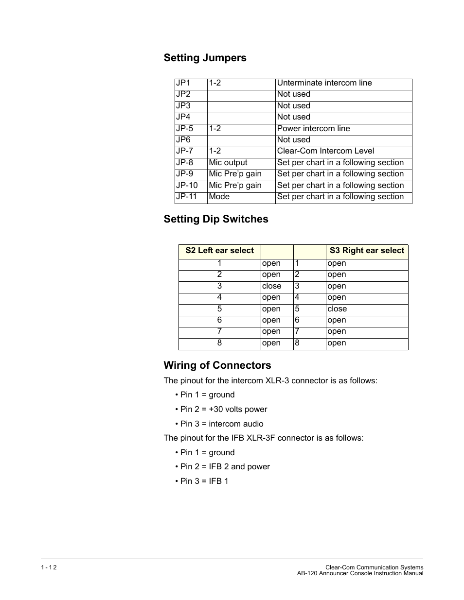 Setting jumpers, Setting dip switches, Wiring of connectors | Clear-Com AB-120 User Manual | Page 18 / 35