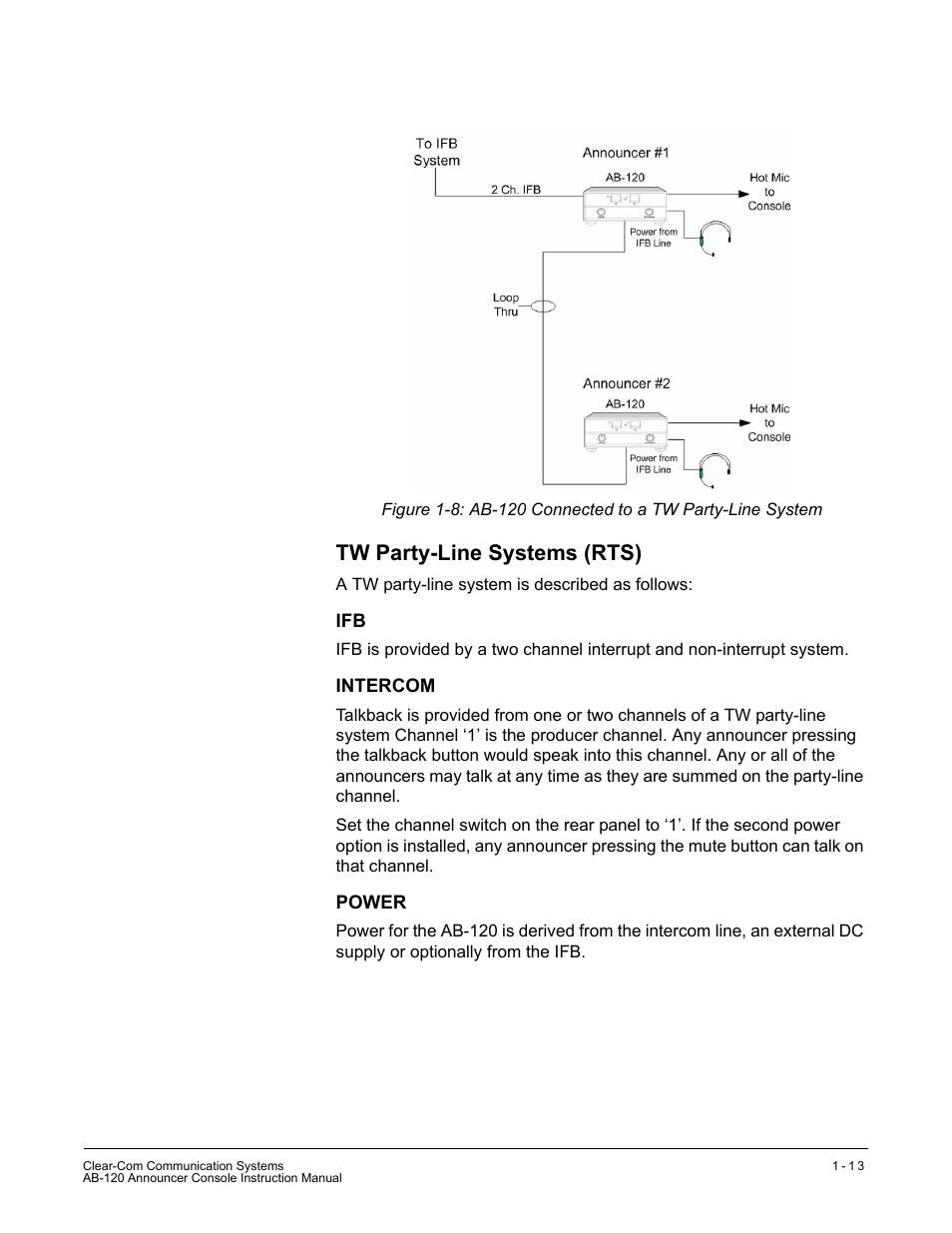 Tw party-line systems (rts), Intercom, Power | Tw party-line systems (rts) -13, Ifb -13 intercom -13 power -13 | Clear-Com AB-120 User Manual | Page 19 / 35