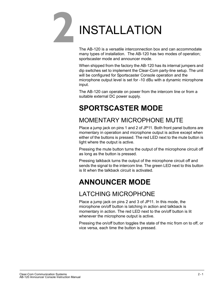 Installation, Sportscaster mode, Momentary microphone mute | Announcer mode, Latching microphone, Installation -1, Sportscaster mode -1, Momentary microphone mute -1, Announcer mode -1, Latching microphone -1 | Clear-Com AB-120 User Manual | Page 21 / 35