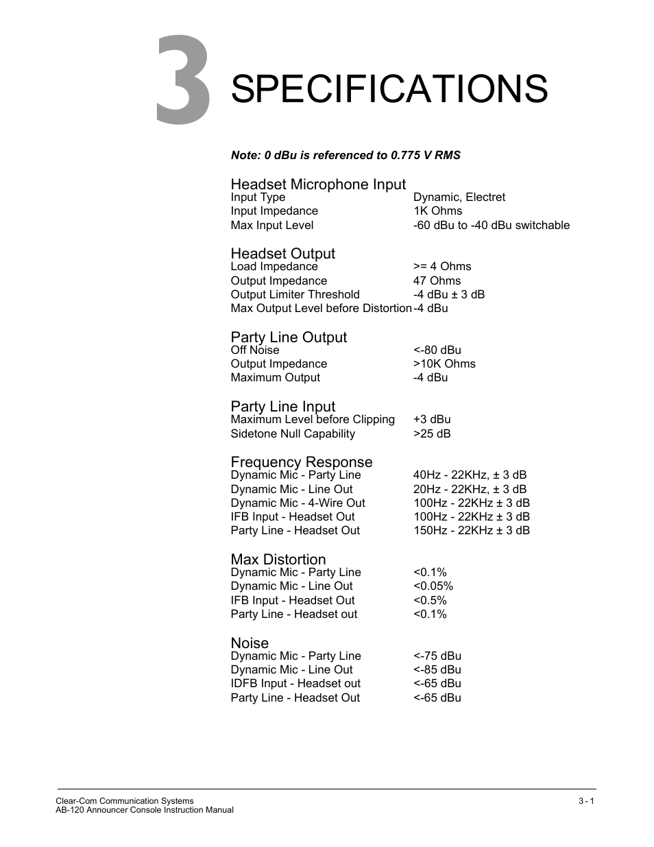 Specifications, Specifications -1 | Clear-Com AB-120 User Manual | Page 23 / 35