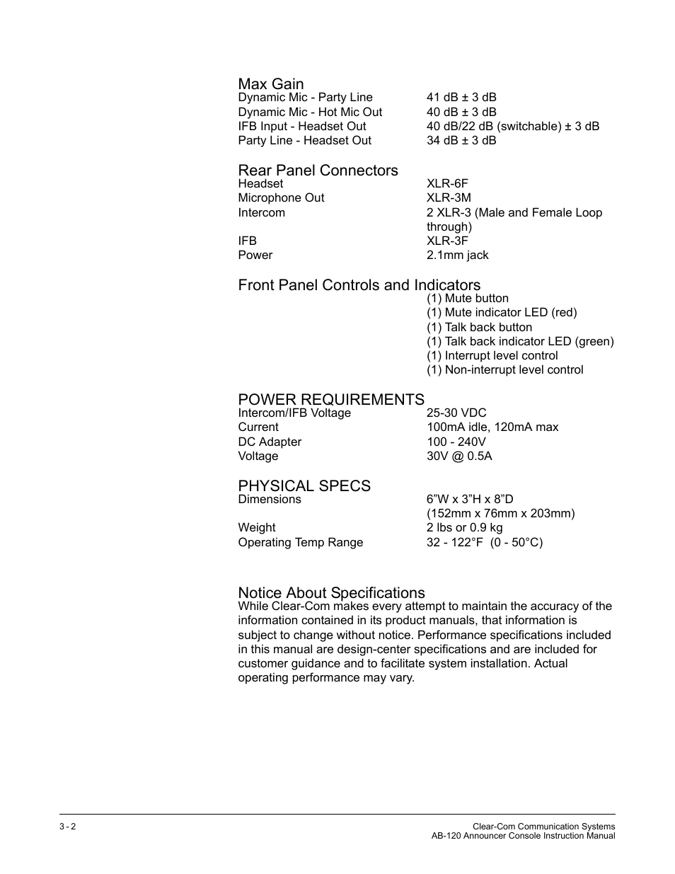 Max gain, Rear panel connectors, Front panel controls and indicators | Power requirements, Physical specs, Notice about specifications | Clear-Com AB-120 User Manual | Page 24 / 35