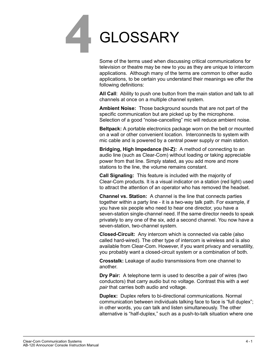 Glossary, Glossary -1 | Clear-Com AB-120 User Manual | Page 25 / 35