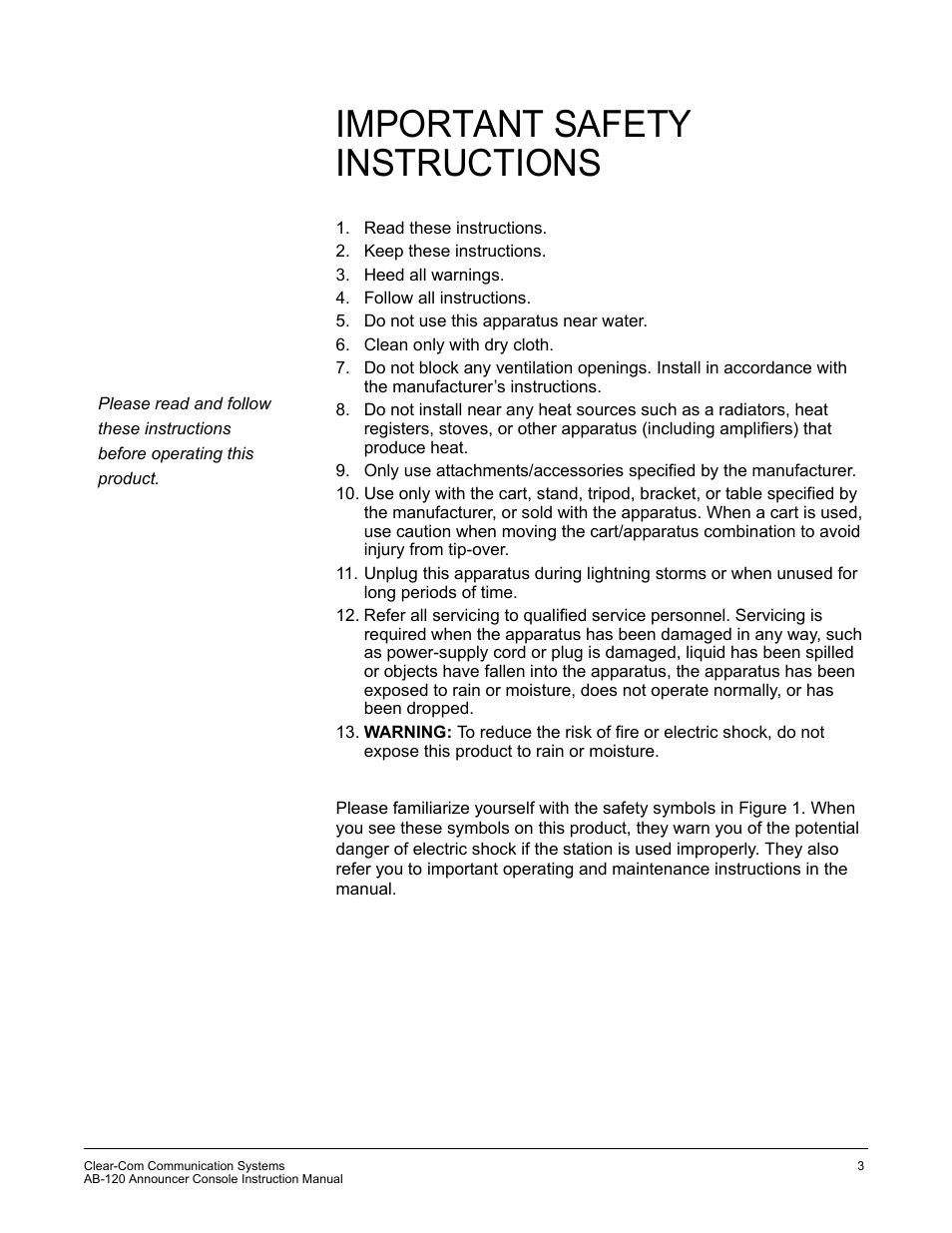 Important safety instructions | Clear-Com AB-120 User Manual | Page 5 / 35