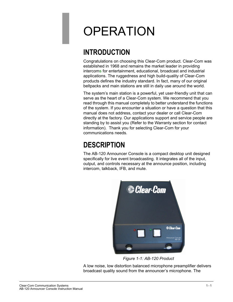 Operation, Introduction, Description | Operation -1, Introduction -1 description -1 | Clear-Com AB-120 User Manual | Page 7 / 35