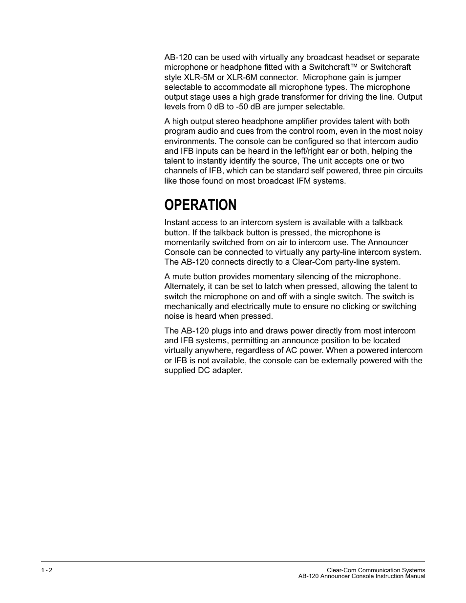 Operation, Operation -2 | Clear-Com AB-120 User Manual | Page 8 / 35