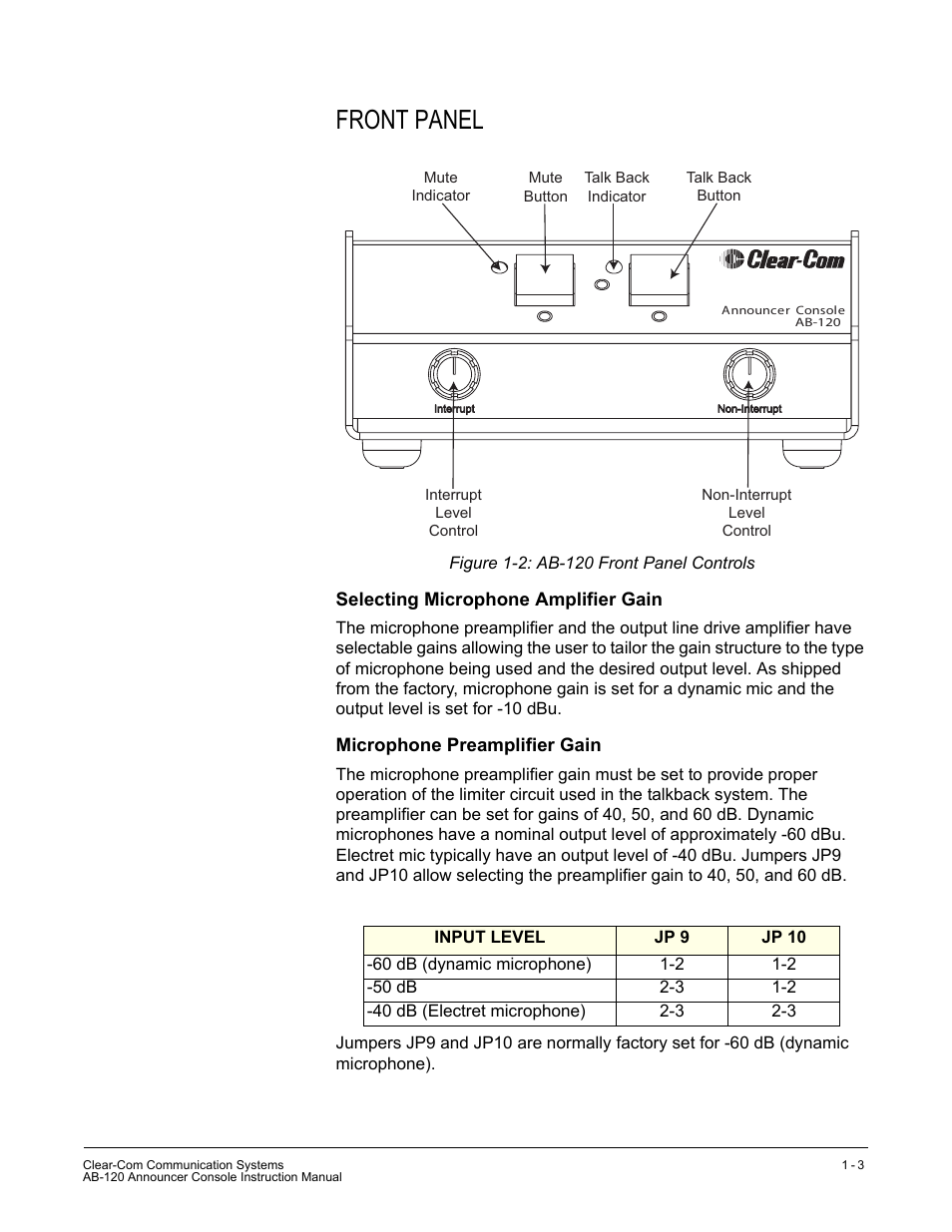 Front panel, Selecting microphone amplifier gain, Microphone preamplifier gain | Front panel -3 | Clear-Com AB-120 User Manual | Page 9 / 35