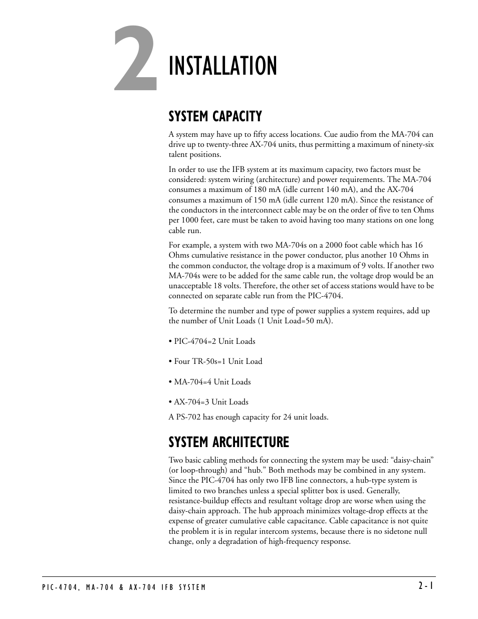 Installation, System capacity, System architecture | Installation -1, System capacity -1 system architecture -1 | Clear-Com PIC-4704 User Manual | Page 11 / 30