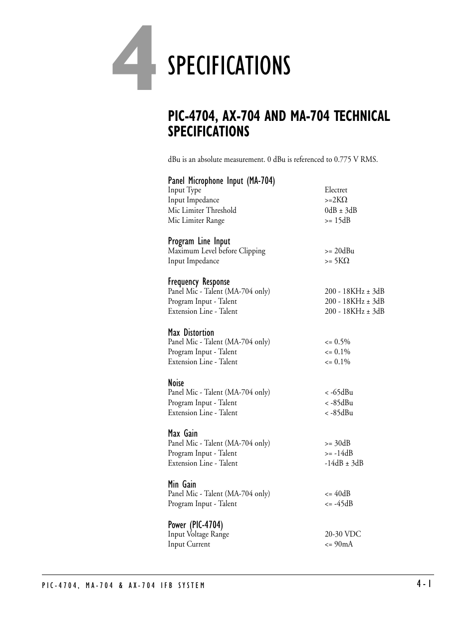 Specifications, Specifications -1 | Clear-Com PIC-4704 User Manual | Page 23 / 30