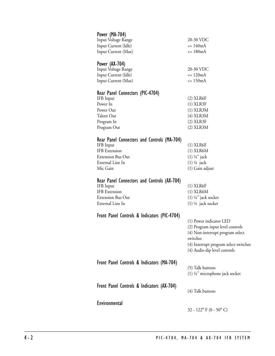 Power (ax-704), Rear panel connectors (pic-4704), Rear panel connectors and controls (ma-704) | Rear panel connectors and controls (ax-704), Front panel controls & indicators (pic-4704), Front panel controls & indicators (ma-704), Front panel controls & indicators (ax-704), Environmental | Clear-Com PIC-4704 User Manual | Page 24 / 30