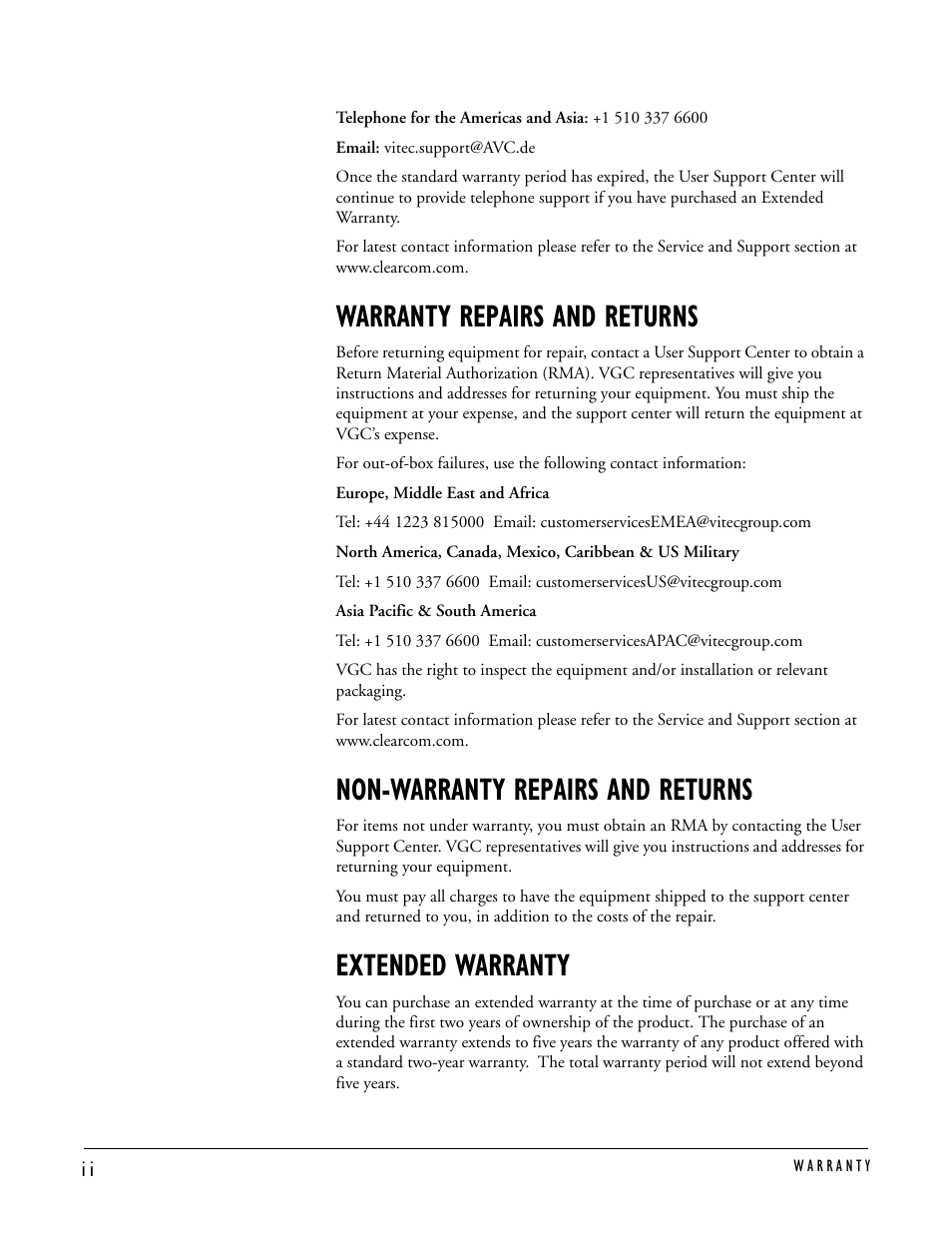 Warranty repairs and returns, Non-warranty repairs and returns, Extended warranty | Clear-Com PIC-4704 User Manual | Page 28 / 30