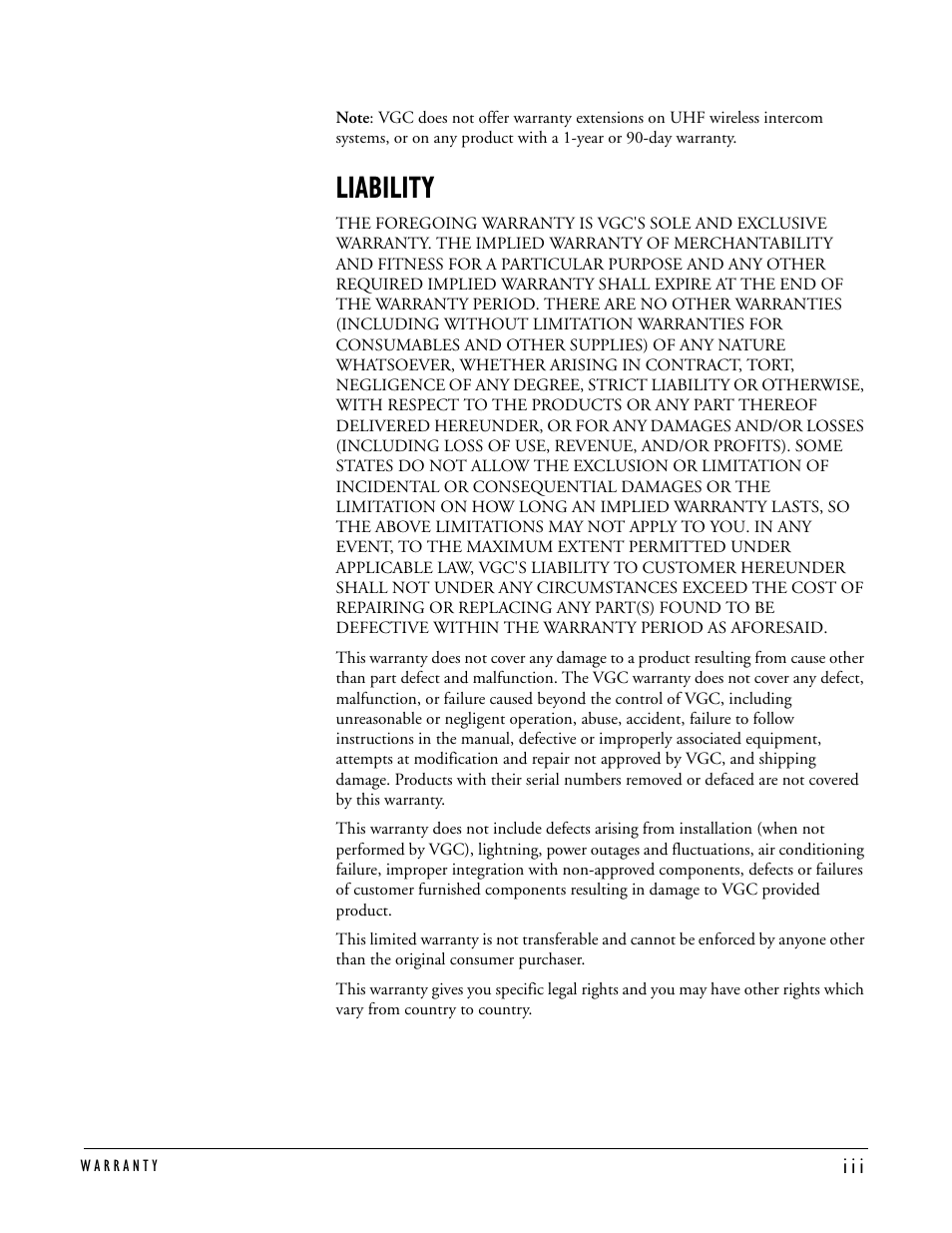 Liability, Liability -iii | Clear-Com PIC-4704 User Manual | Page 29 / 30