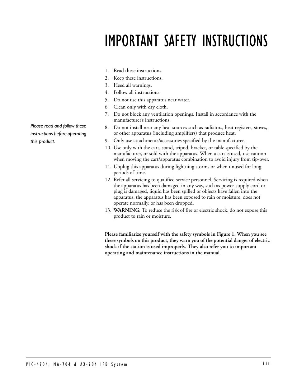 Important safety instructions | Clear-Com PIC-4704 User Manual | Page 5 / 30