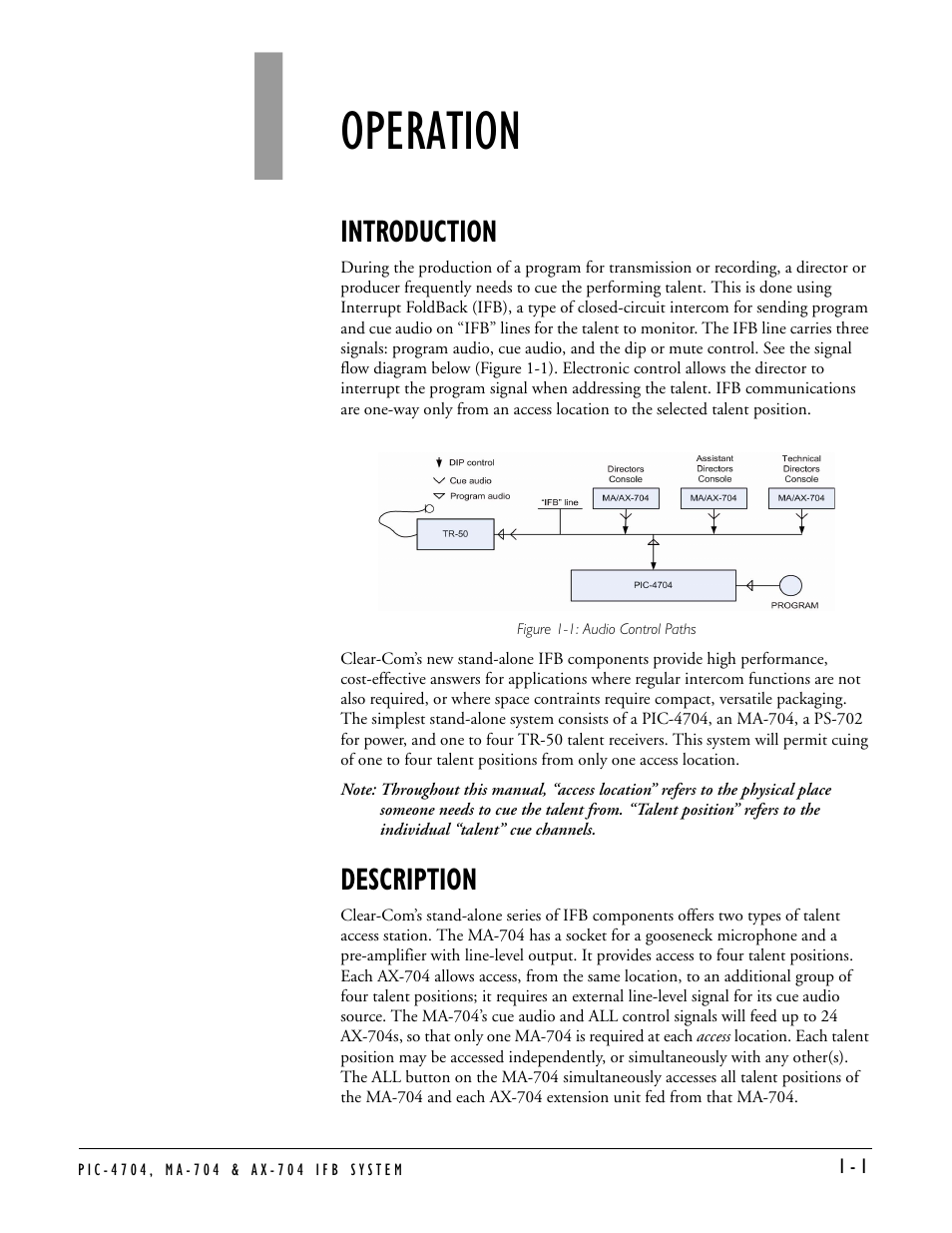 Operation, Introduction, Description | Operation -1, Introduction -1 description -1 | Clear-Com PIC-4704 User Manual | Page 7 / 30