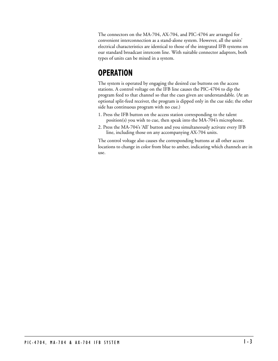 Operation, Operation -3 | Clear-Com PIC-4704 User Manual | Page 9 / 30