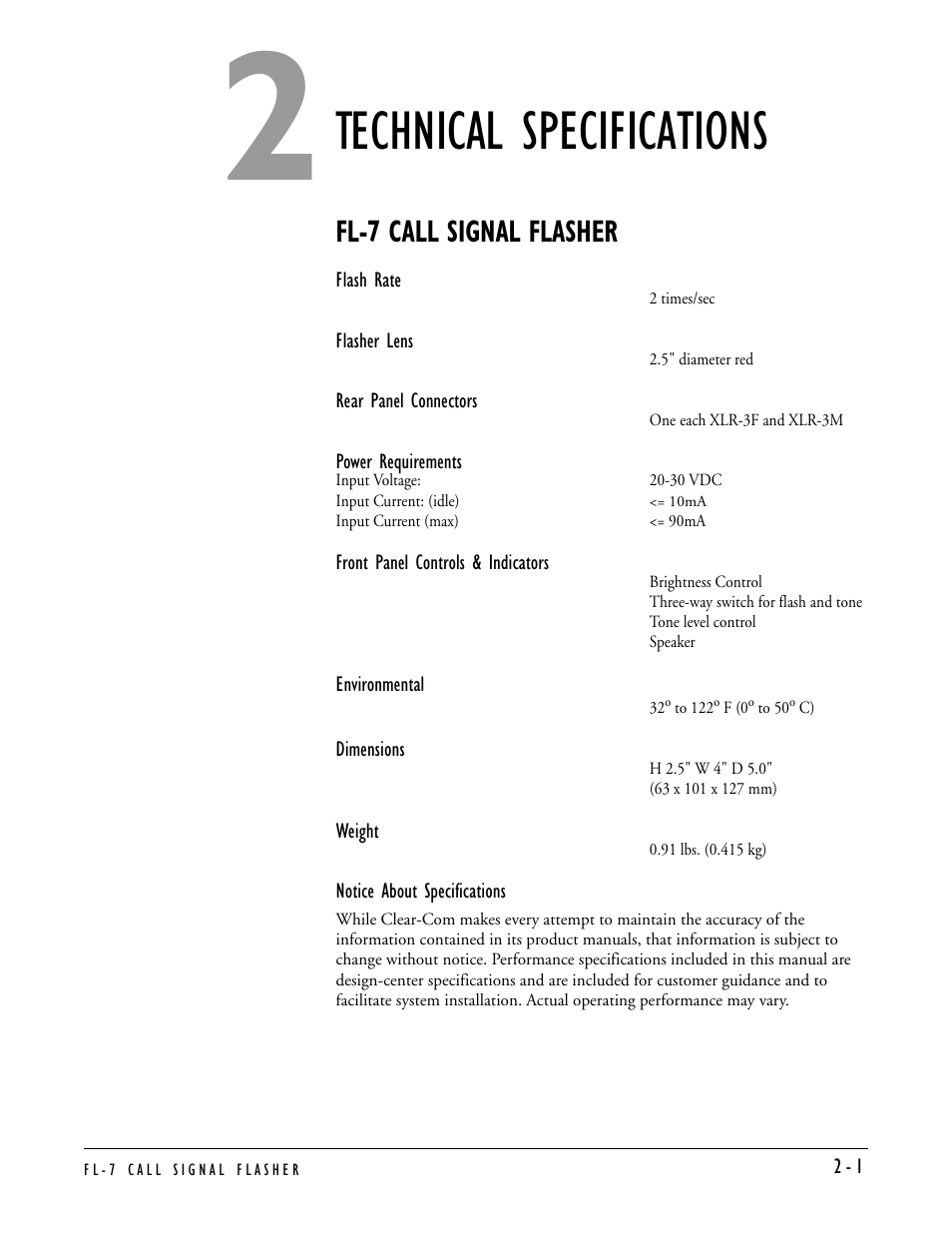 Technical specifications, Fl-7 call signal flasher, Technical specifications -1 | Fl-7 call signal flasher -1 | Clear-Com FL-7 User Manual | Page 11 / 16