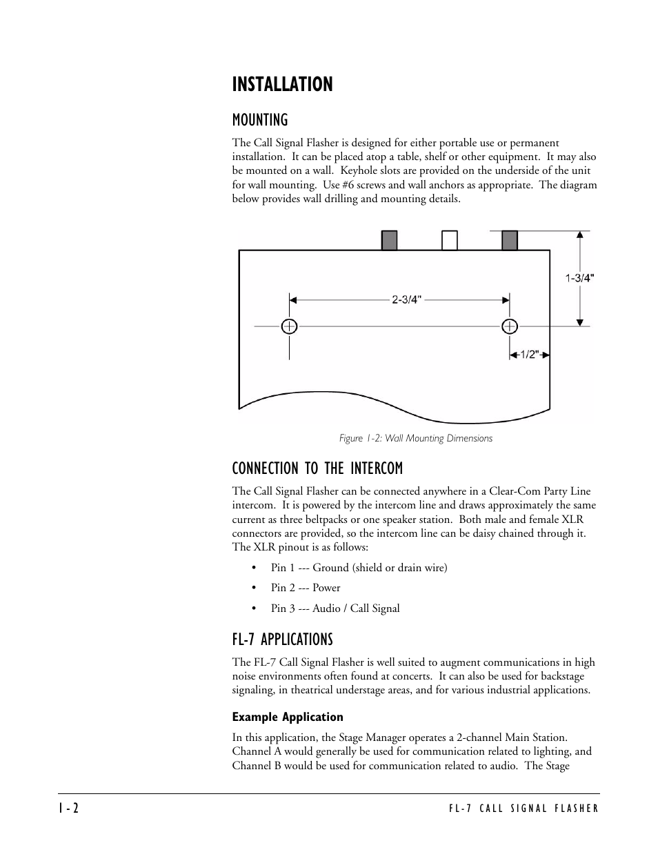 Installation, Mounting, Connection to the intercom | Fl-7 applications, Example application, Installation -2, Example application -2 | Clear-Com FL-7 User Manual | Page 8 / 16