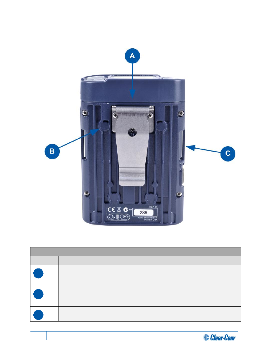 3 hbp-2x beltclip, beltloops and feet (base view), Hbp-2x beltclip, beltloops and feet (base view) | Clear-Com HLI-FBS User Manual | Page 27 / 143