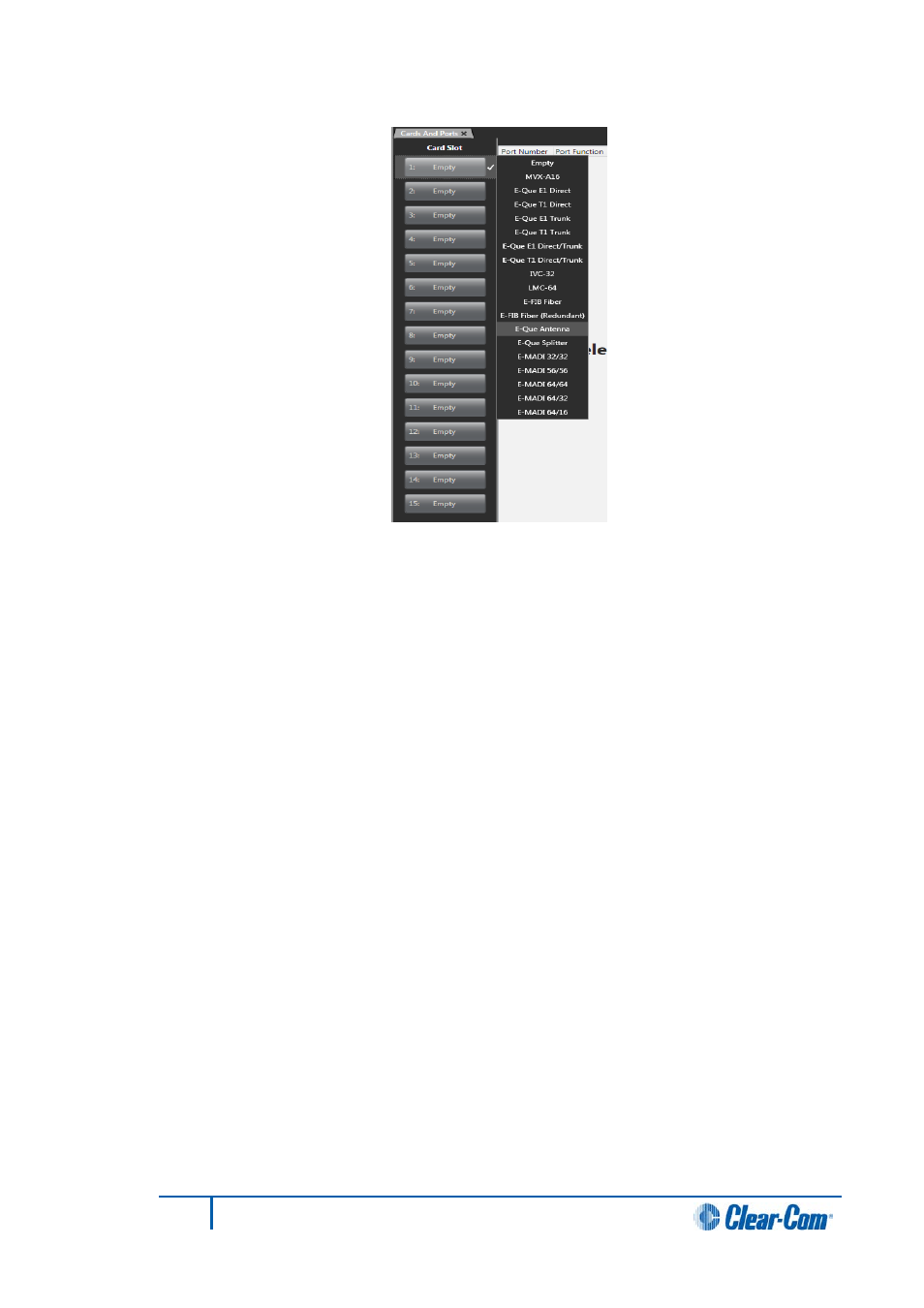 26 e1 direct, 1 port function, 2 label | 3 description, 4 card properties, E1 direct, Port function, Label, Description, Card properties | Clear-Com HX System Frames User Manual | Page 106 / 290