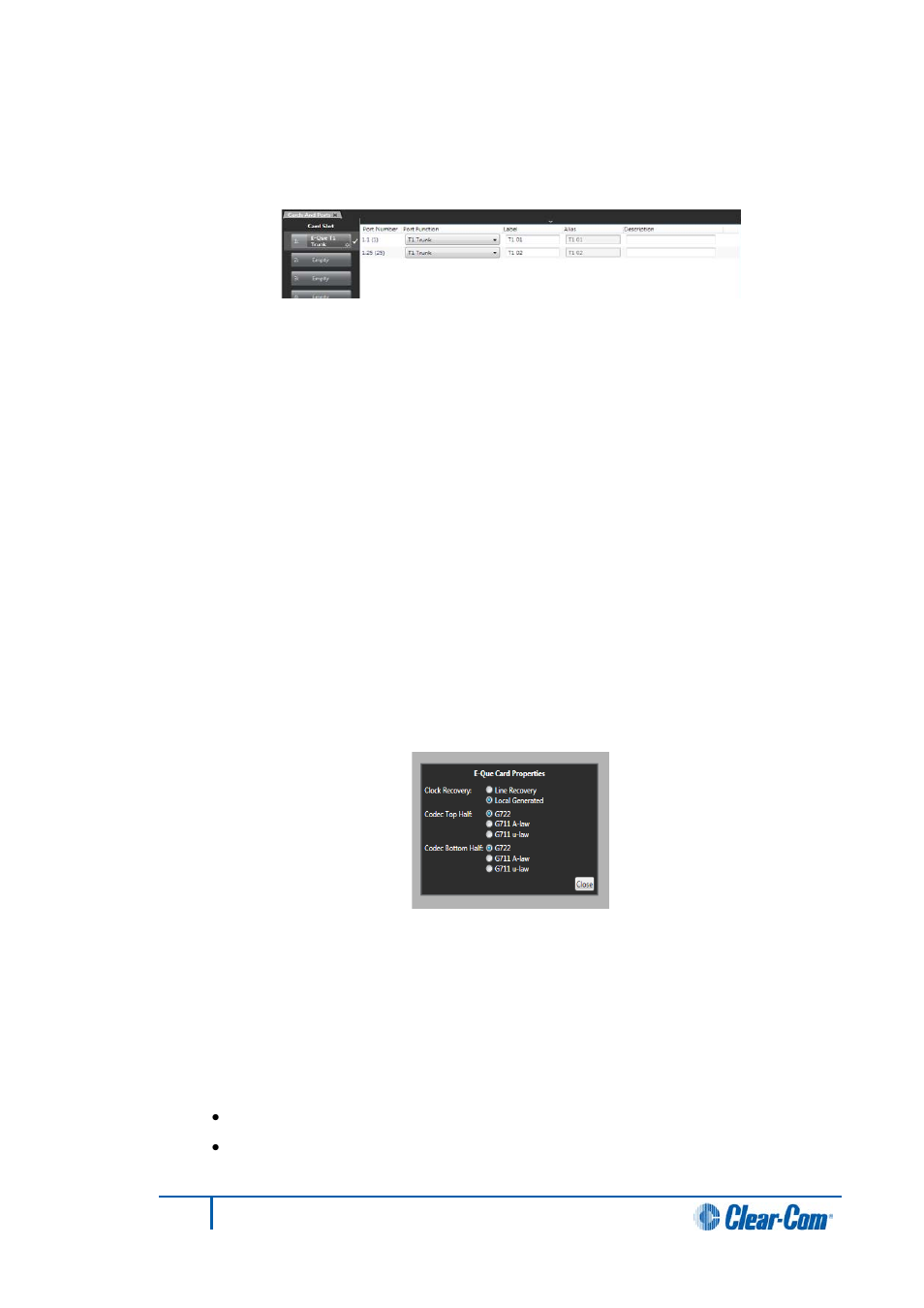 29 t1 trunk, 1 port function, 2 label | 3 description, 4 card properties, 5 clock recovery, T1 trunk, Port function, Label, Description | Clear-Com HX System Frames User Manual | Page 110 / 290