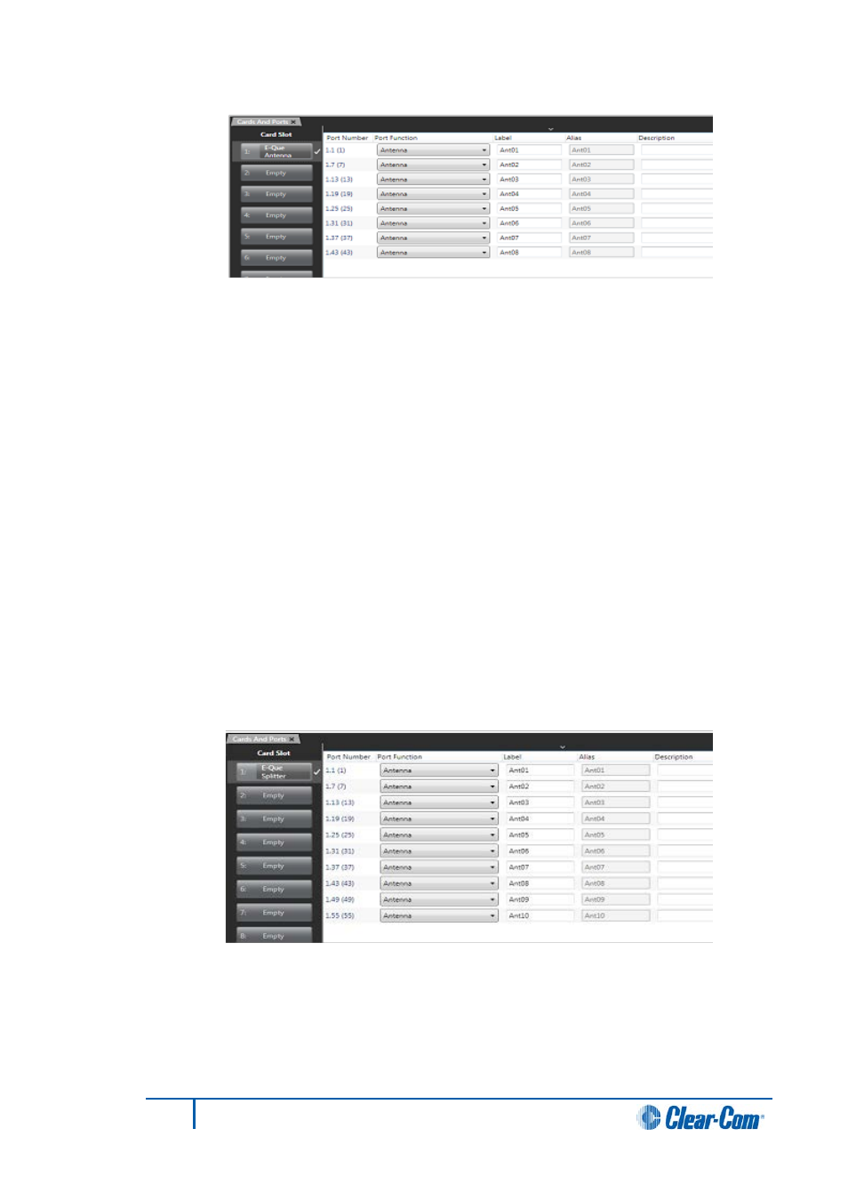 1 port function, 2 label, 3 description | 33 e-que splitter, Port function, Label, Description, E-que splitter | Clear-Com HX System Frames User Manual | Page 114 / 290